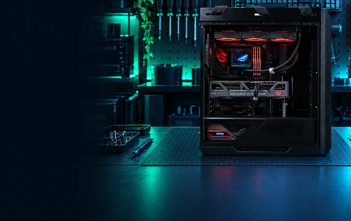 کیس گیمینگ ROG با کارت گرافیک GeForce RTX روی میز کار