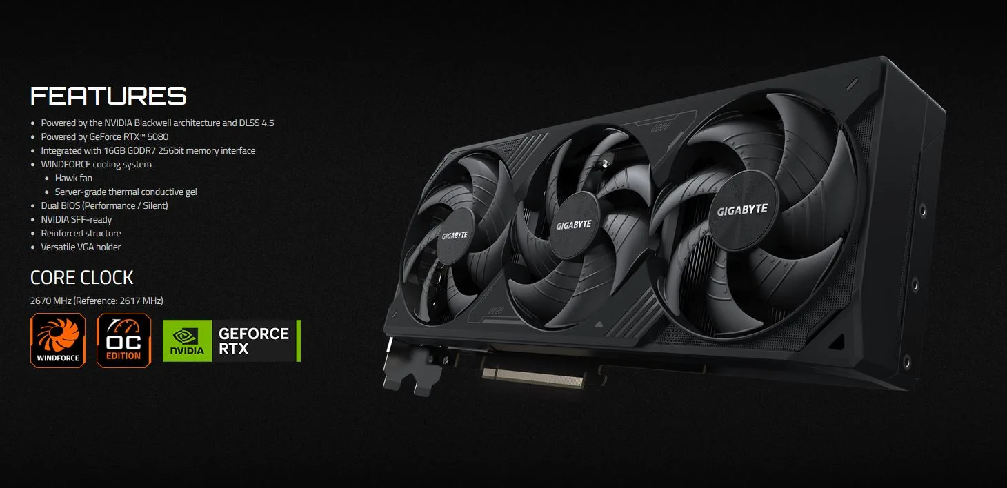 VGA GIGABYTE RTX 5080 WF3 OC 16G GDDR7  آواژنگ - تصویر گالری 4